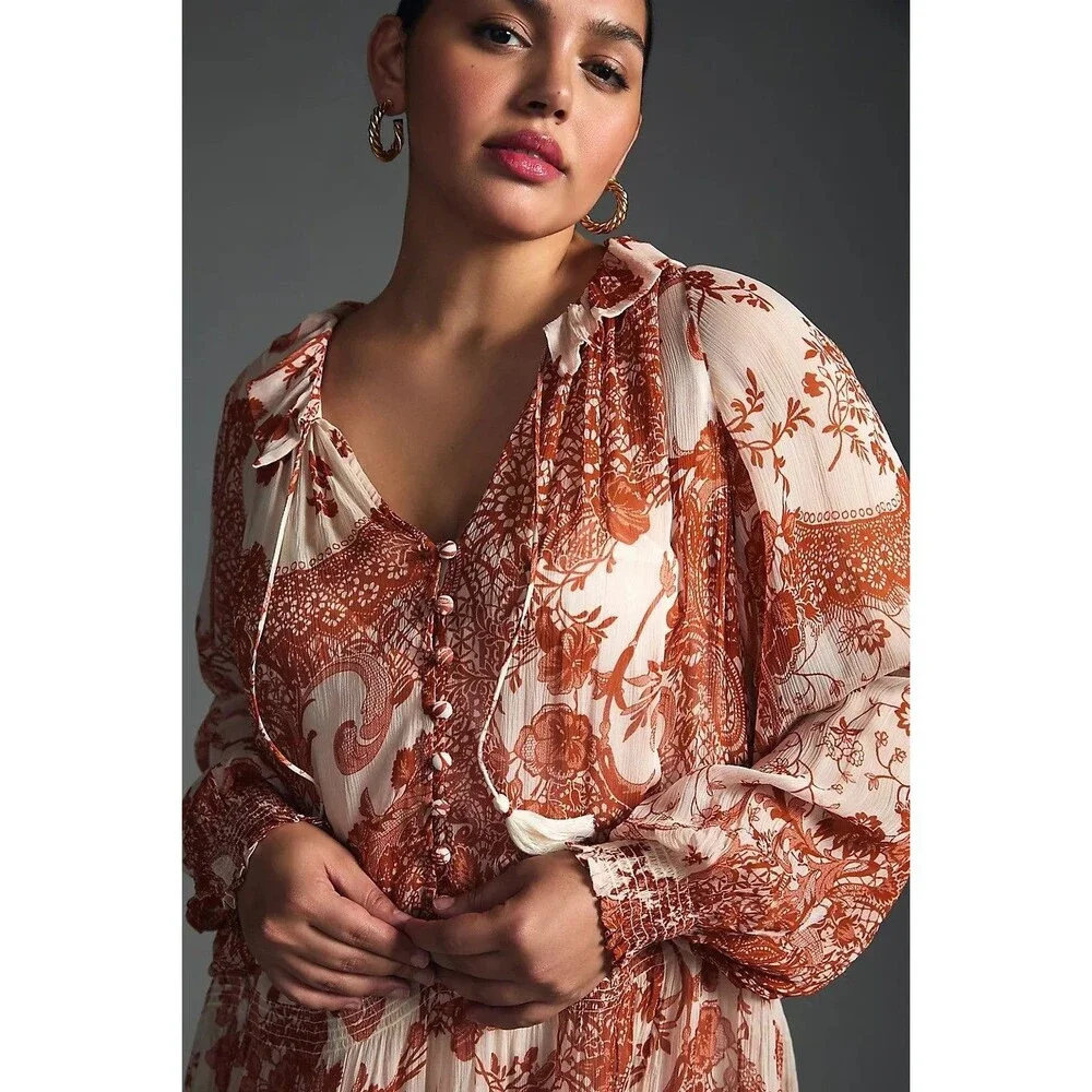 Anthropologie The Marais Printed Chiffon Mini Dress Floral Ruffle XXS 285882